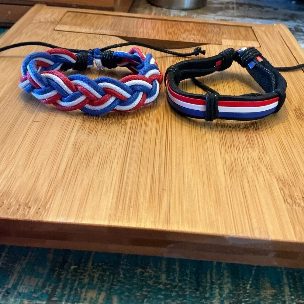 Red, White & Blue Braided and Strap Bracelet Set